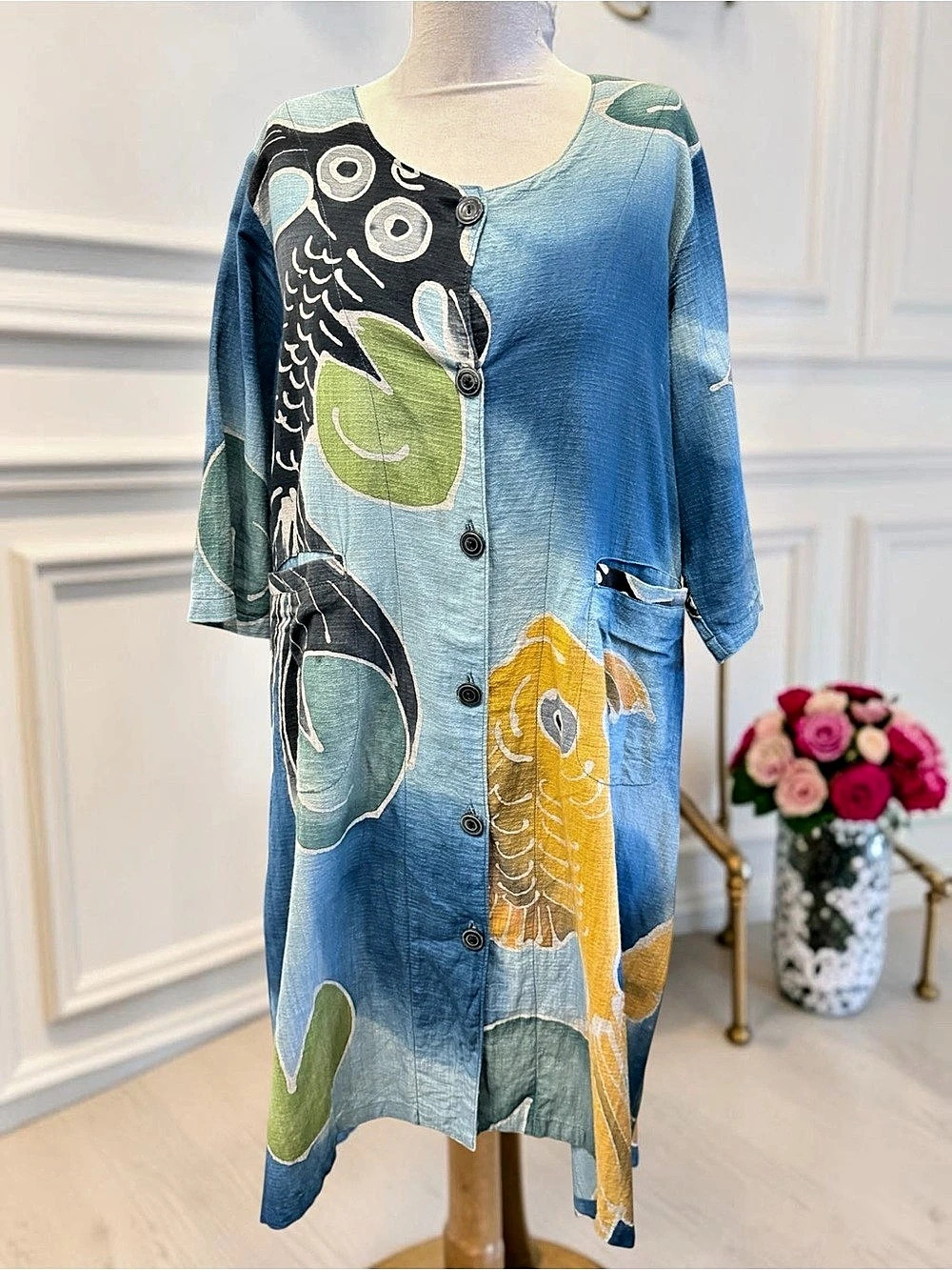 Machiko Tunic Dress Fish Sz L Multicolor Cotton Button Down Pocket